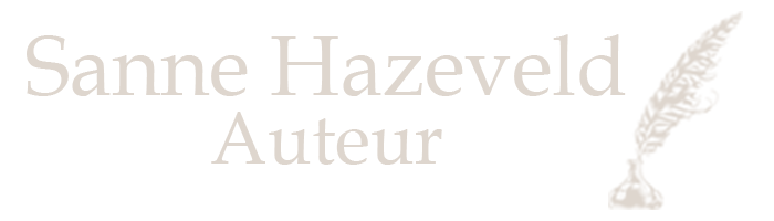 Logo van de website. Tekst: Sanne Hazeveld auteur. Ernaast staat een ganzenveer.