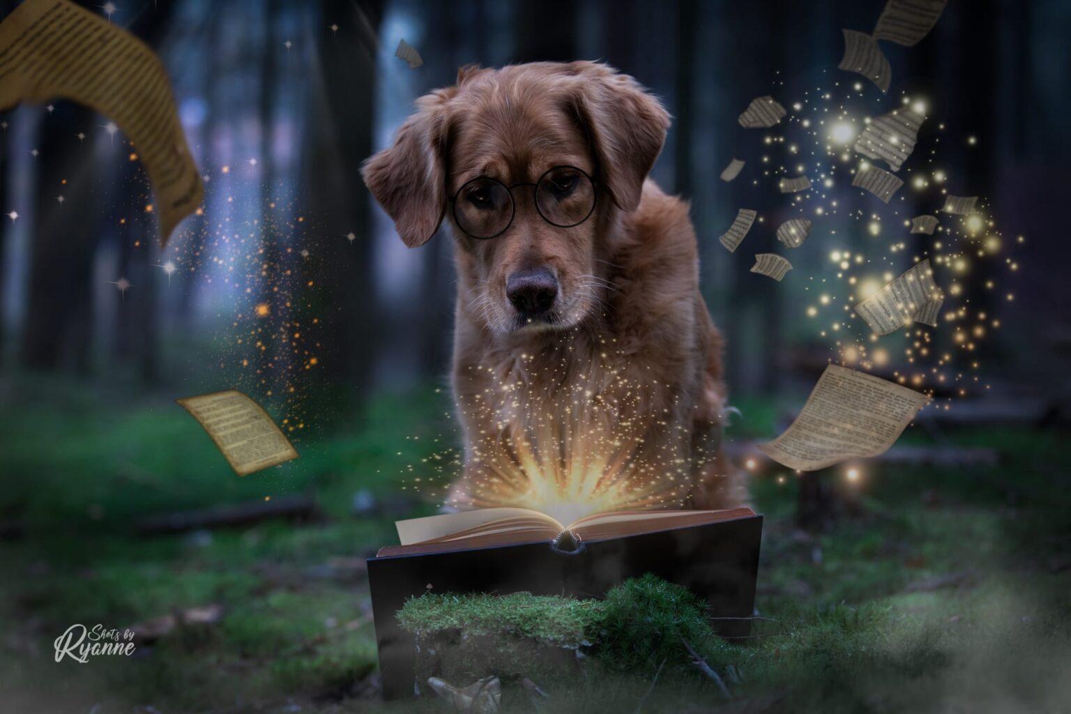 Golden retriever met een magisch boek. Op de achtergrond vliegen pagina's rond.