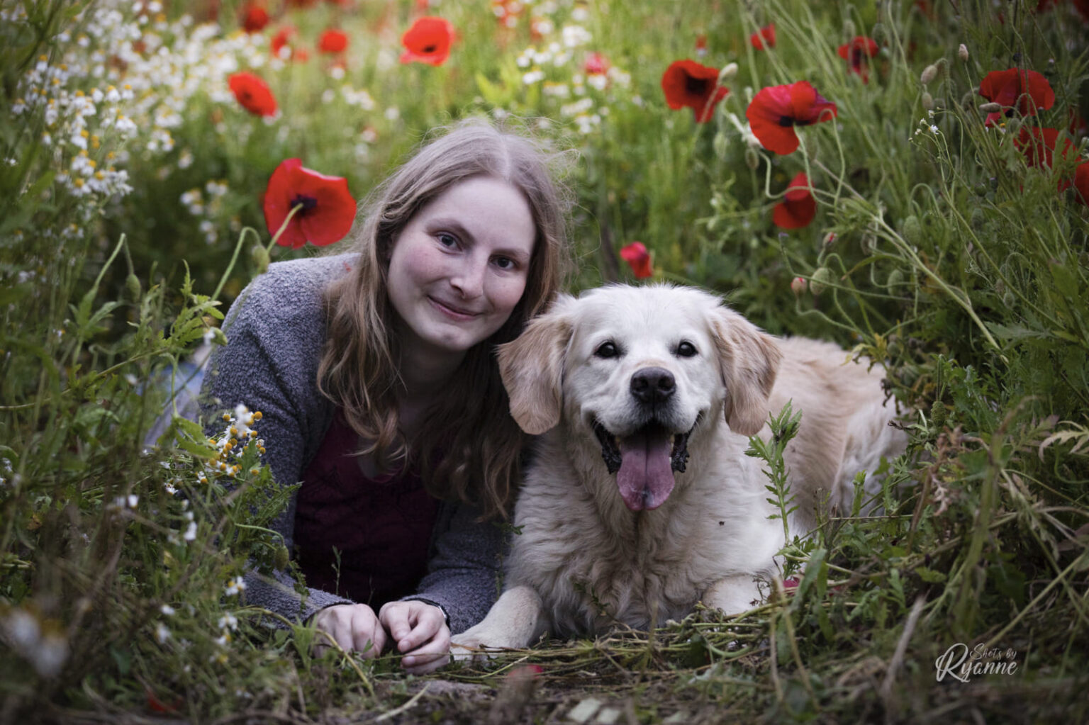 Mijn golden retriever Cato en ik liggend in de klaprozen.