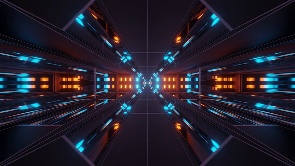 Science Fiction afbeelding met blauwe en oranje lampen in een soort tunnel.
