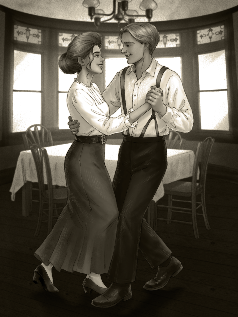 Twee personages dansen met elkaar in een begin 20e eeuwse eetkamer.