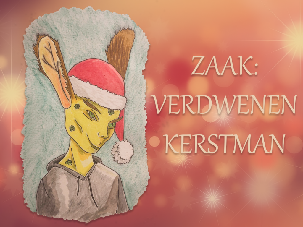 Een tekening van het wezen smorrie met een rode kerstachtergrond
