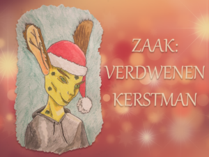 Een tekening van het wezen smorrie met een rode kerstachtergrond
