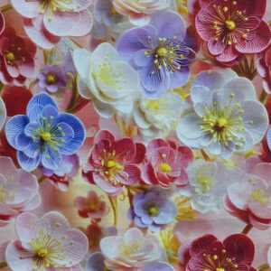 Een stof gemaakt van katoen. Als opdruk zitten er bloemen op die een 3D effect hebben.