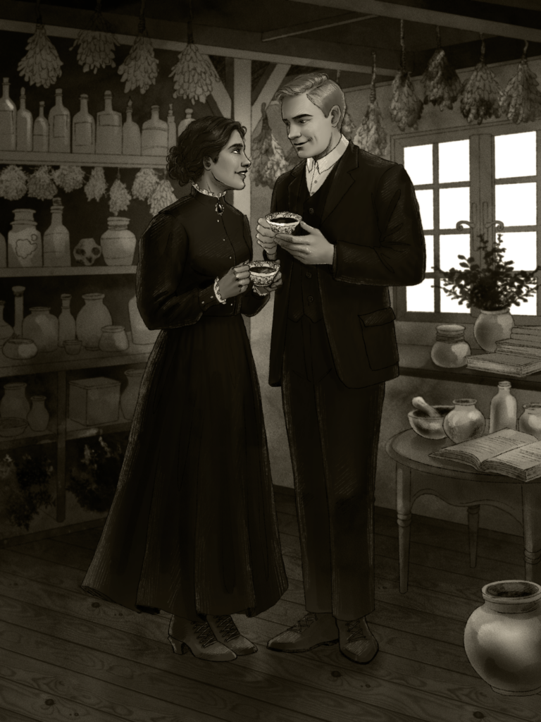 Twee personages staan thee te drinken in een eind 19e eeuwse keuken.