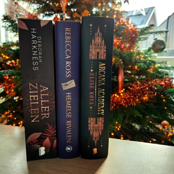 Een paar boeken met een kerstboom op de achtergrond.