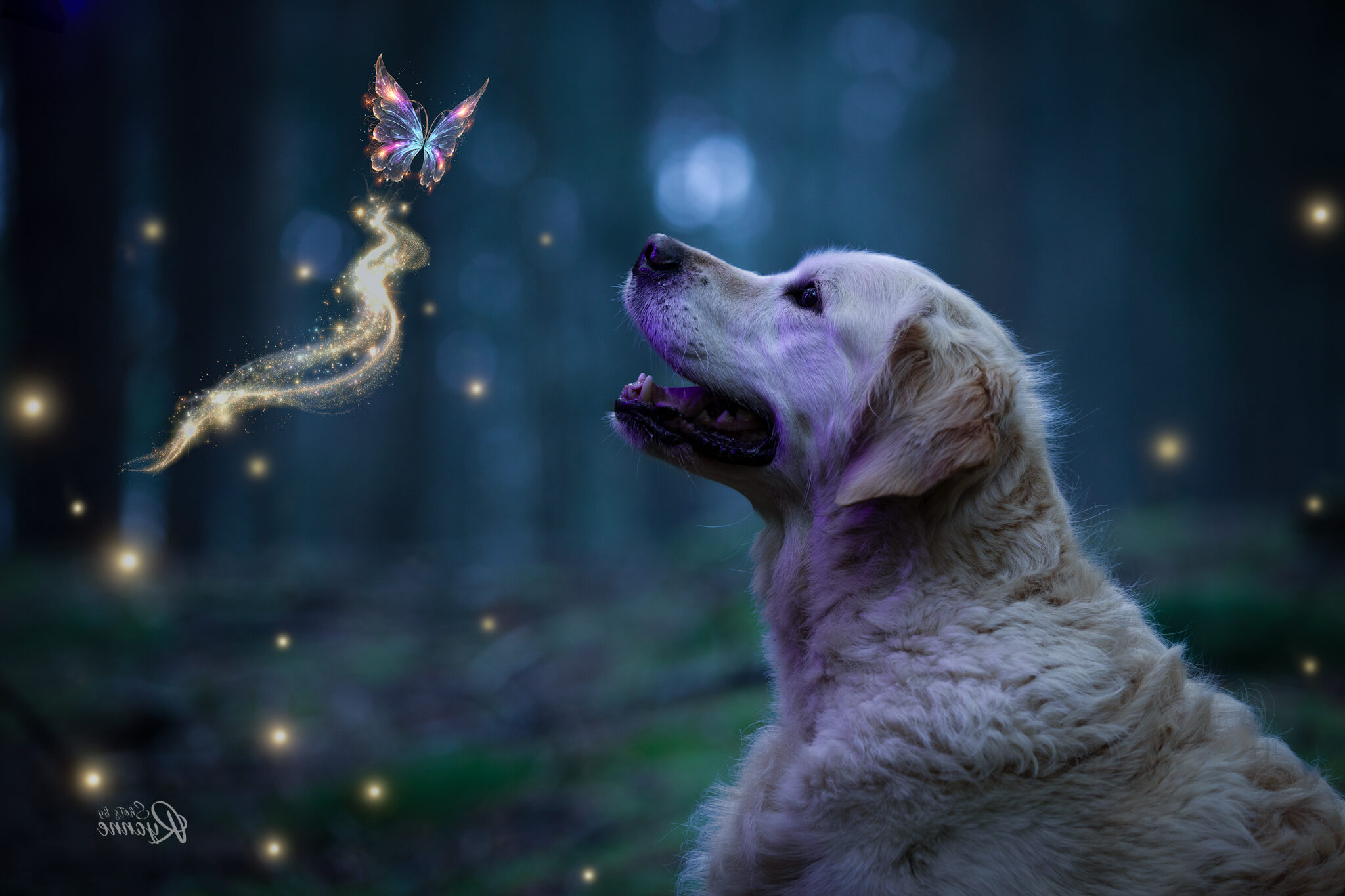 Golden retriever met een vlinder in een magische setting