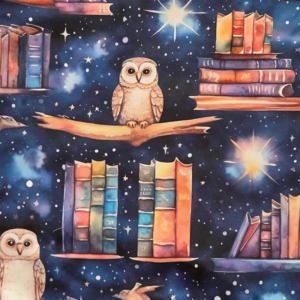 Een gladde katoenen stof met uilen op een stok. Eromheen staan boeken afgebeeld. De achtergrond is donkerblauw met sterren.