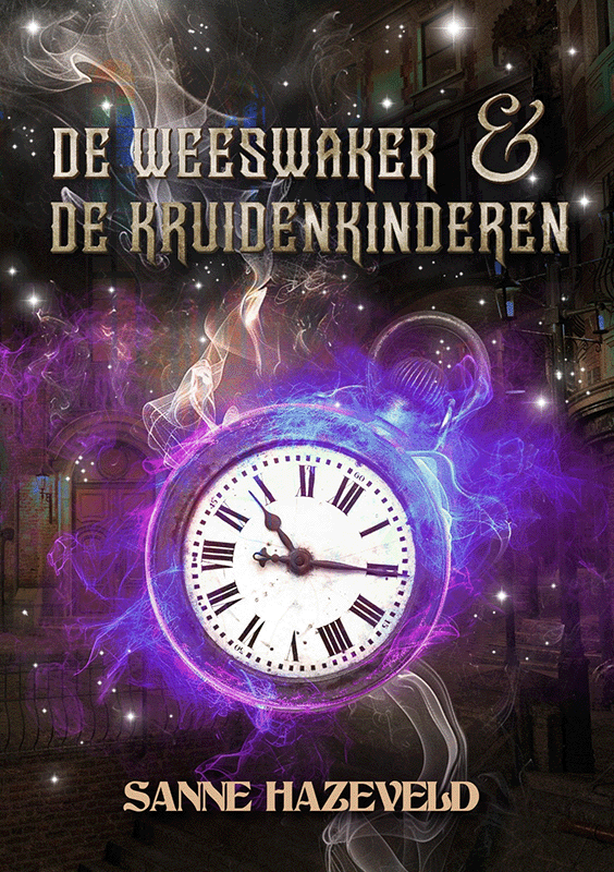 De kaft van De weeswaker & de kruidenkinderen. Centraal staat een zakhorloge met paarse magie er omheen. De achtergrond is een steampunk setting in het donkerbruin.