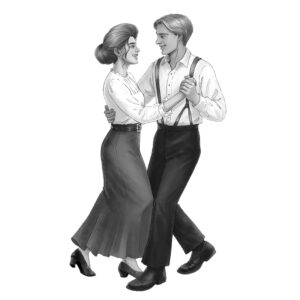 Een tekening van Andries en Pleun terwijl ze dansen.